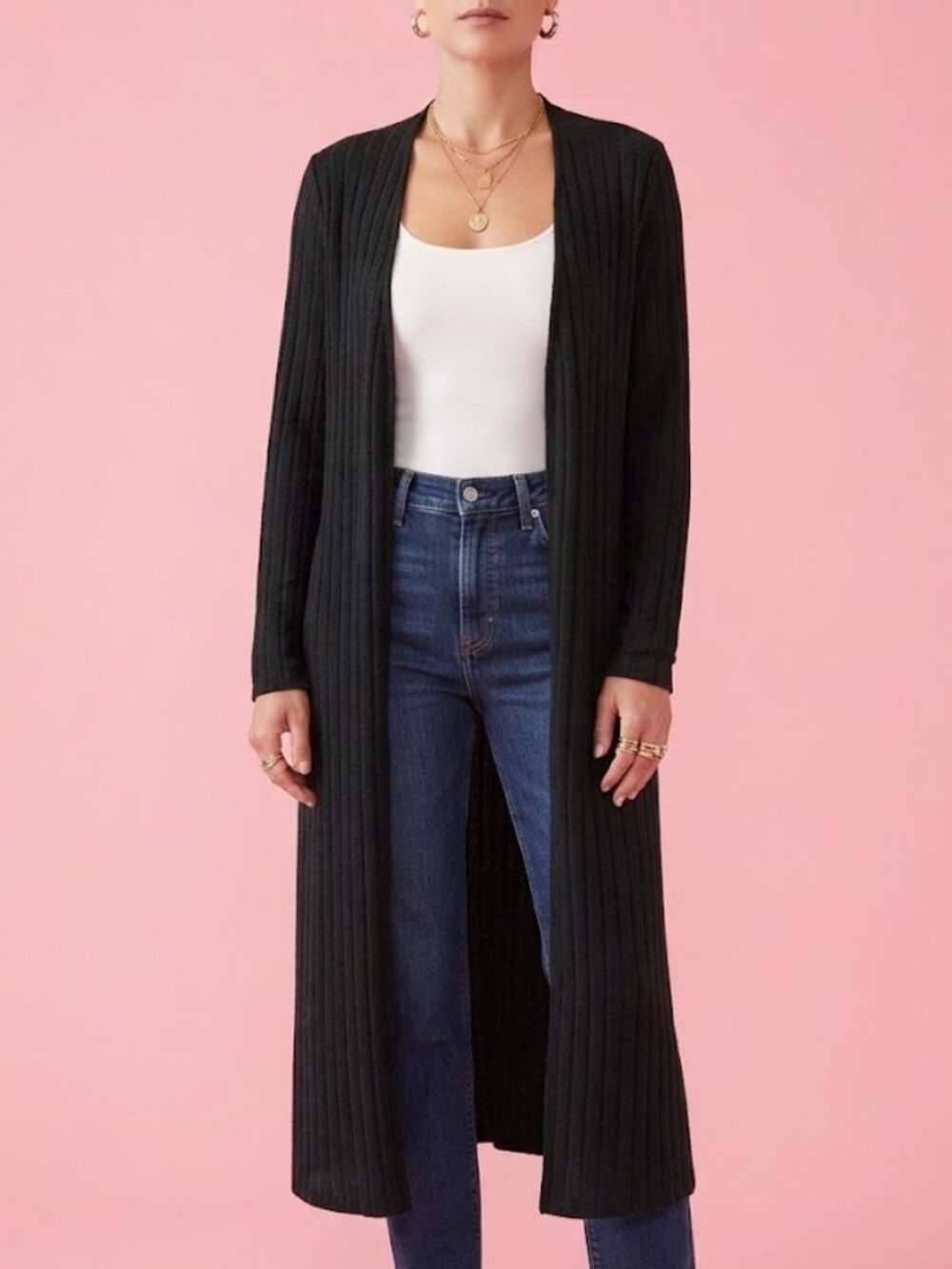 Black Ribbed Long Duster Open Cardigan